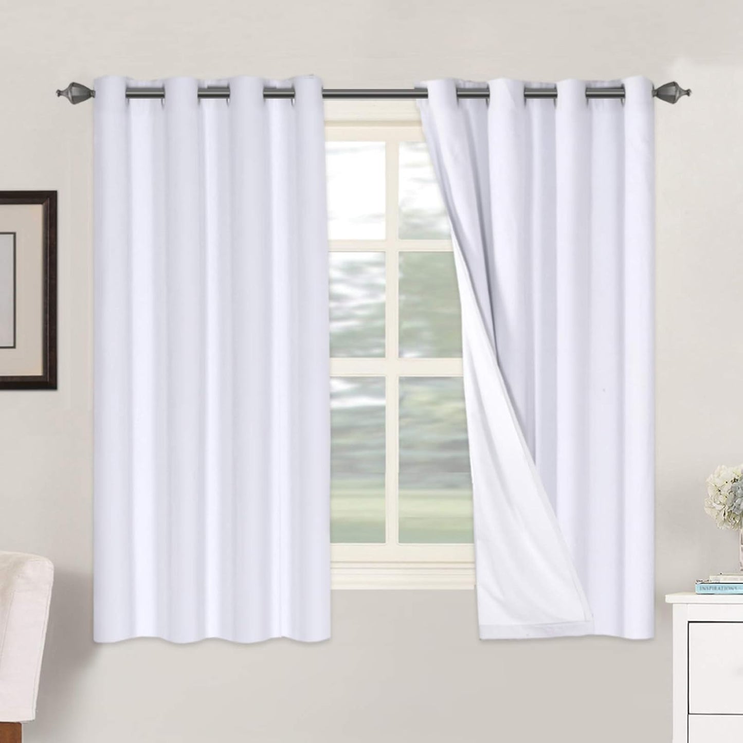 H.VERSAILTEX Linen Blackout Curtains 63 Inches Long 100% Blackout Thermal Insulated Textured Linen Look Curtain Draperies Anti-Rust Grommet, Energy Saving with White Liner, 2 Panels, Bright White