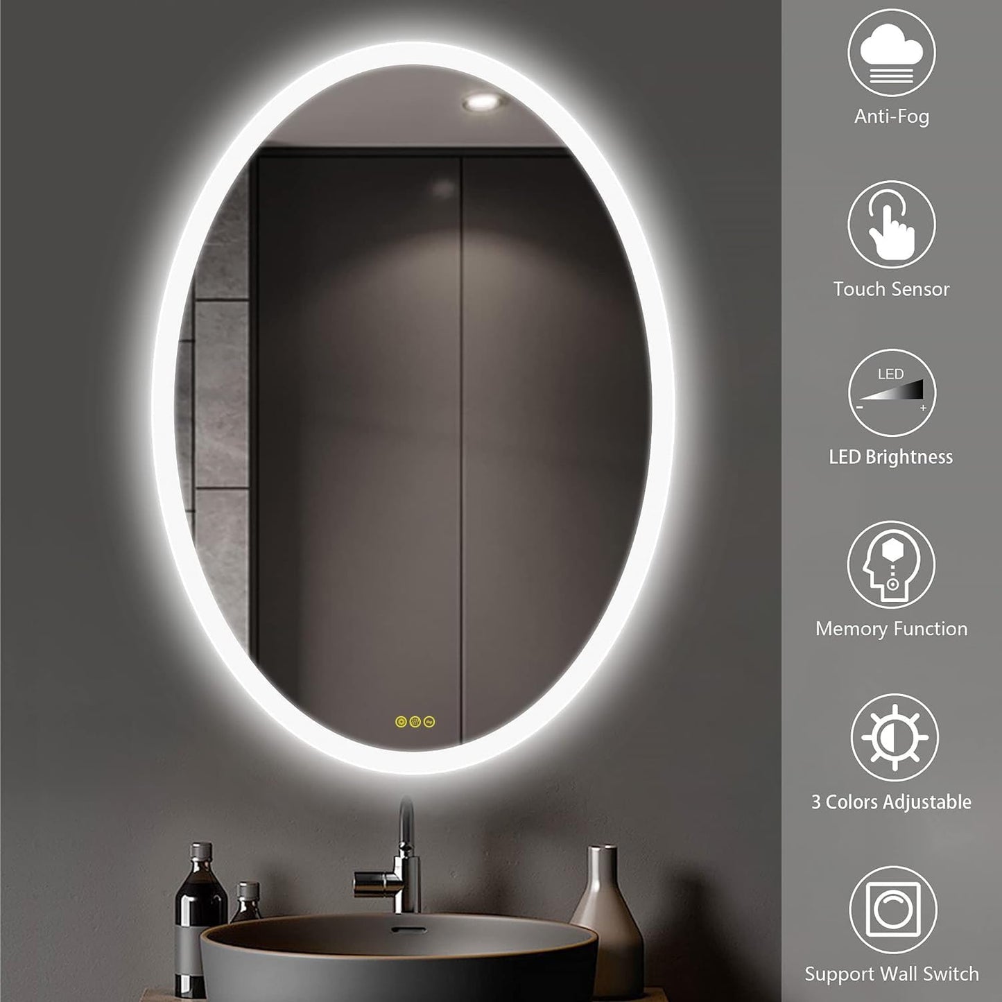 Wall-Mounted LED Oval Bathroom Mirror, Makeup Mirror (32 inches x 24 inches,) 3 Color Stepless Dimmable Memory Bathroom Vanity Mirror with Lights CRI90+ 3000-6400K Smart Mirror with Touch