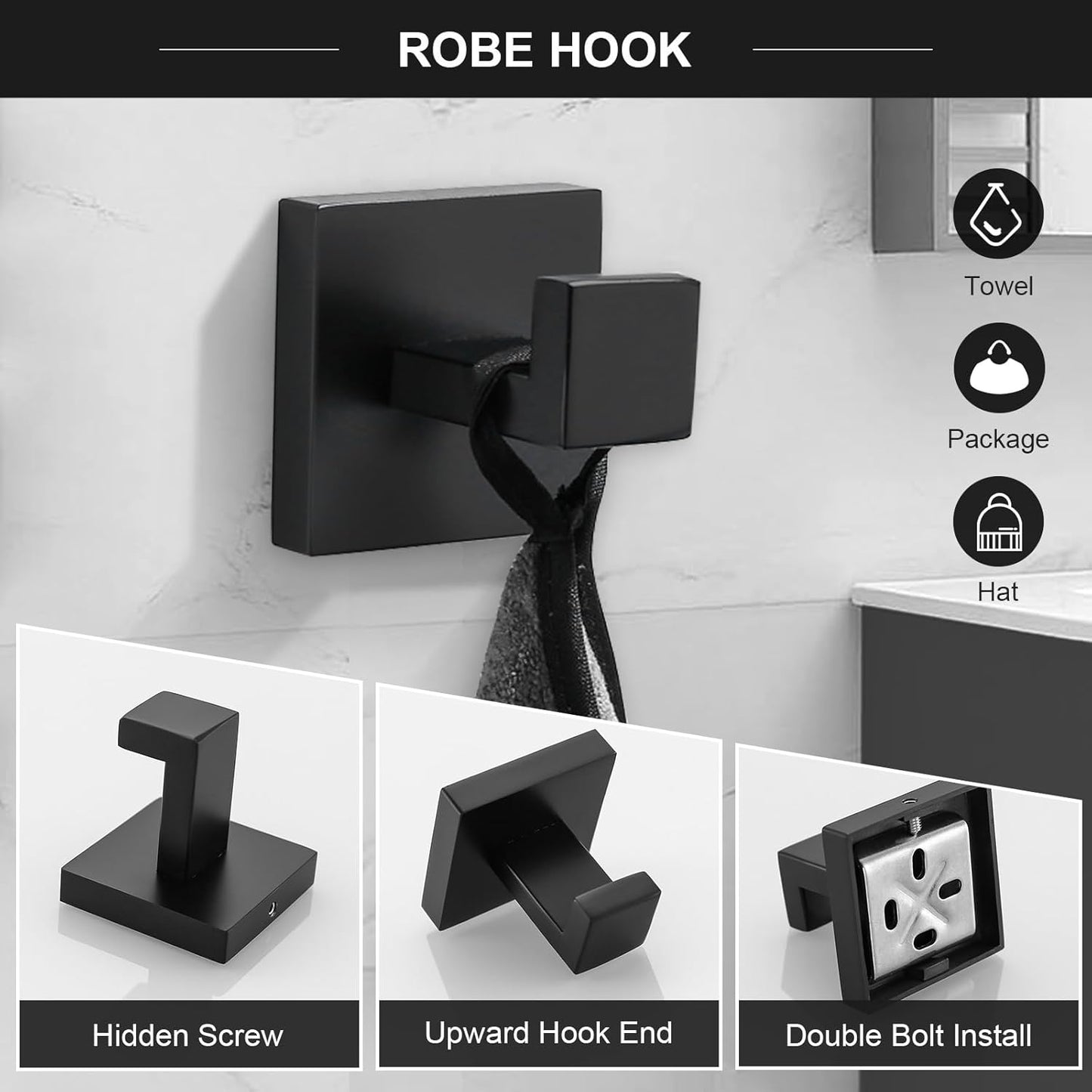 TQKAG 6-Piece Bathroom Towel Bar Sets Matte Black 23.6 inch Towel Bar Stainless Steel Towel Ring Coat Hook and Toilet Paper Holder Bathroom Hardware Set Wall Mounted Bathroom Accessories Kit