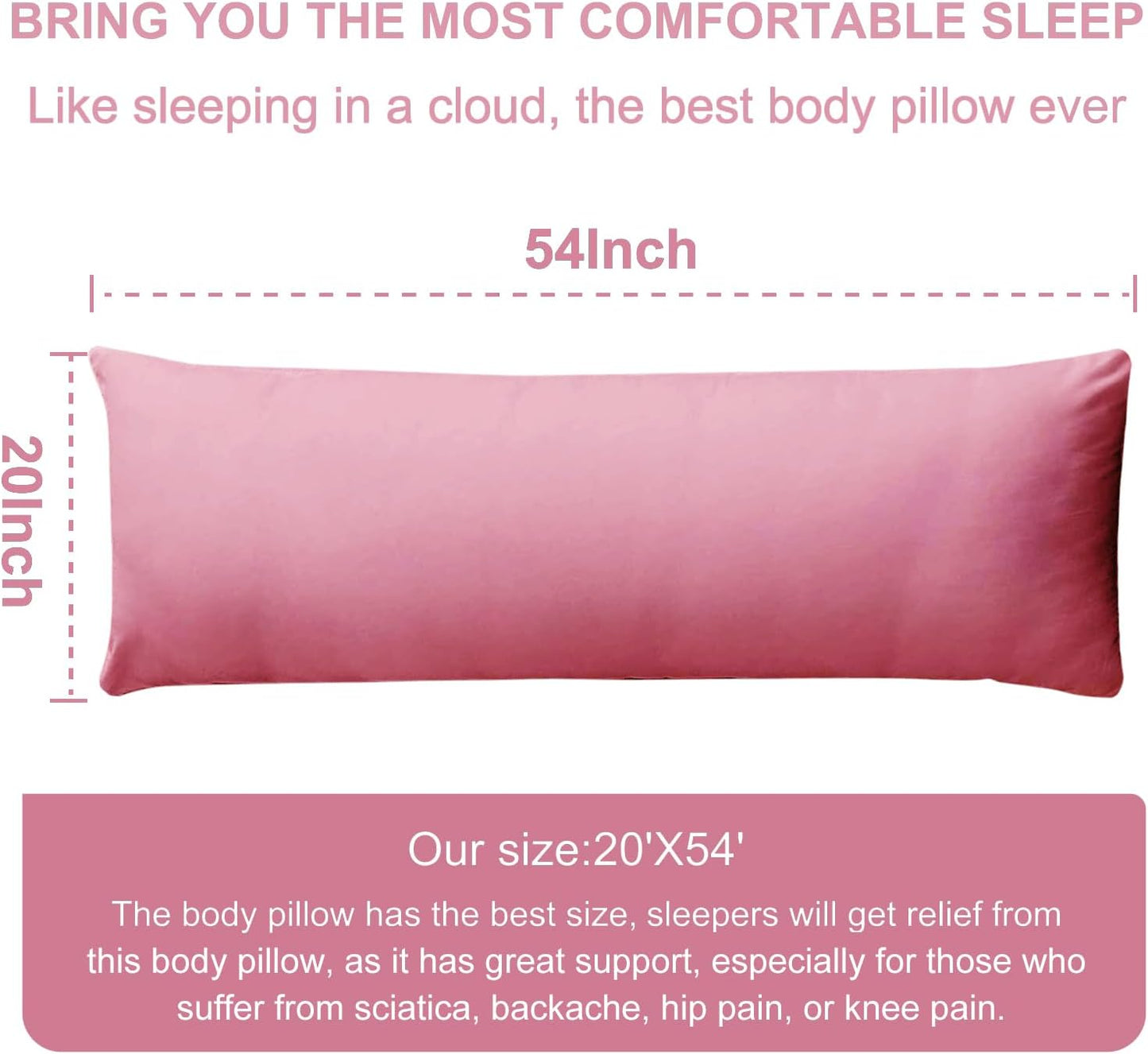 DOWNCOOL Large Body Pillow Insert- Breathable Full Body Pillow for Side Sleeper - Soft Long Bed Pillow for Adults - 20 x 54 inch (Pink)