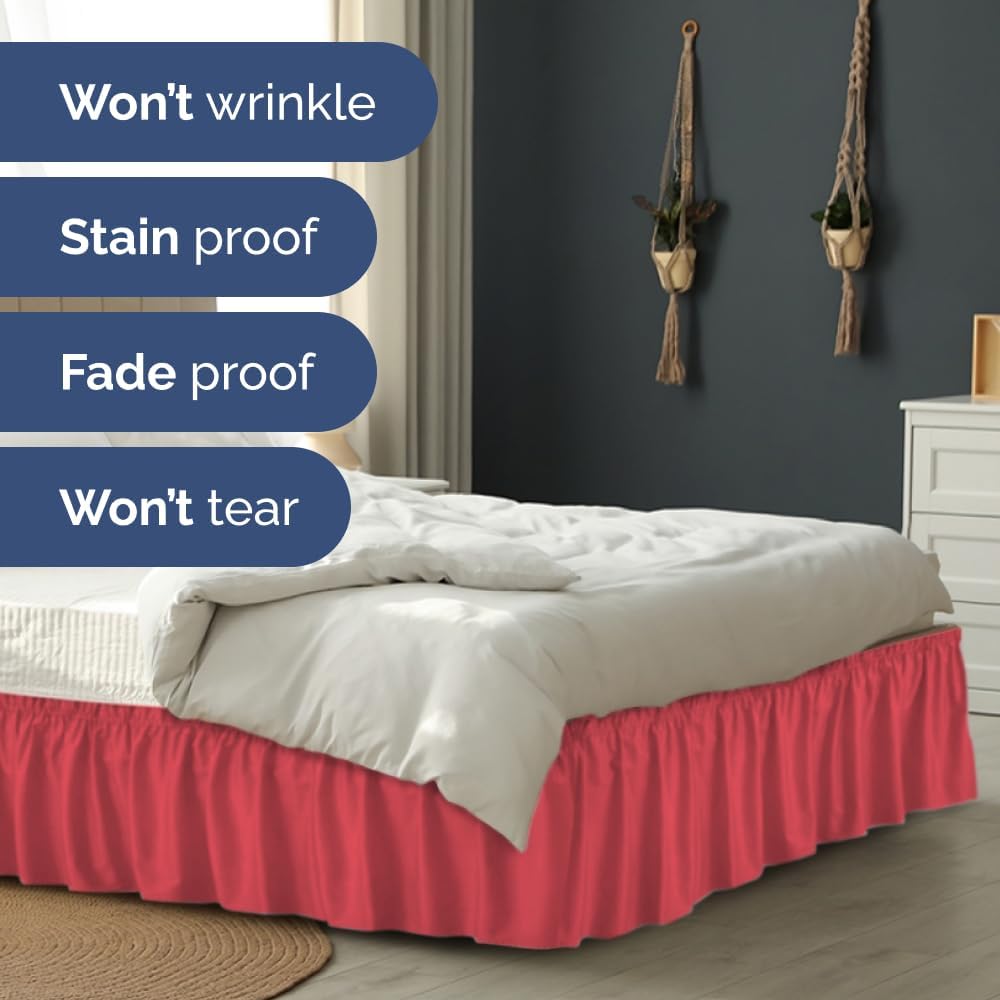 Wrap Around Dust Ruffle Bed Skirt - Red - for King Size Beds with 21 Inch Drop - Easy Fit Elastic Strap - Adjustable Pleated Bedskirt w/Brushed Fabric - Wrinkle Free - for Women, Men, Kids & Teens