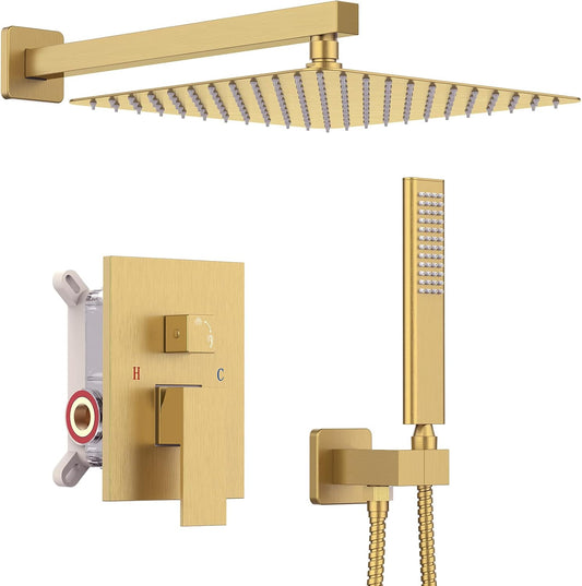 Iriber Brushed Gold Rain Shower System with 10 Inch Shower Head and Handheld Bathroom Wall Mounted Shower Set Contain Shower Faucet Mixer and Trim Kit (Valve Included)