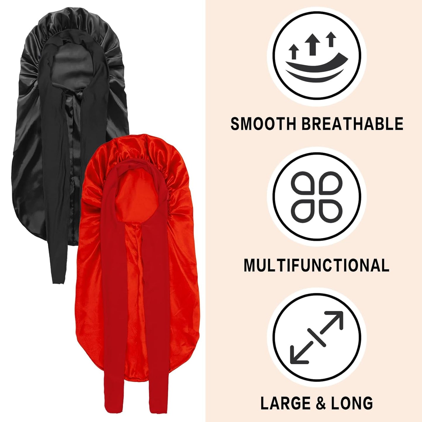 2Pcs Bonnets for Black Women Braid Bonnet, Large Long Satin Bonnet for Braids, Silk Bonnet with Stretchy Tie Band Sleep Cap Hair (2Pcs-Black&Red)
