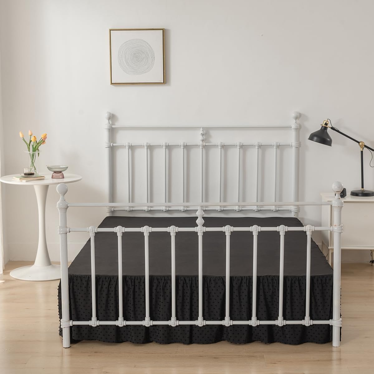 Tufted Dot Bed Skirt Full Size Ruffled Bed Skirt with Split Corners, 14 Inch Drop Dust Ruffle Bed Skirts with Platform, Black
