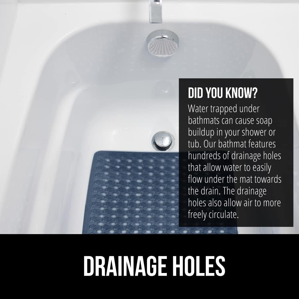 GORILLA GRIP Patented Bath Tub Shower Mat, Machine Washable Bathtub Floor Liner Mats, Suction Cups and Drain Holes to Keep Tubs Clean, Soft on Feet, Bathroom Essentials, 35x16 Inch, Clear Navy