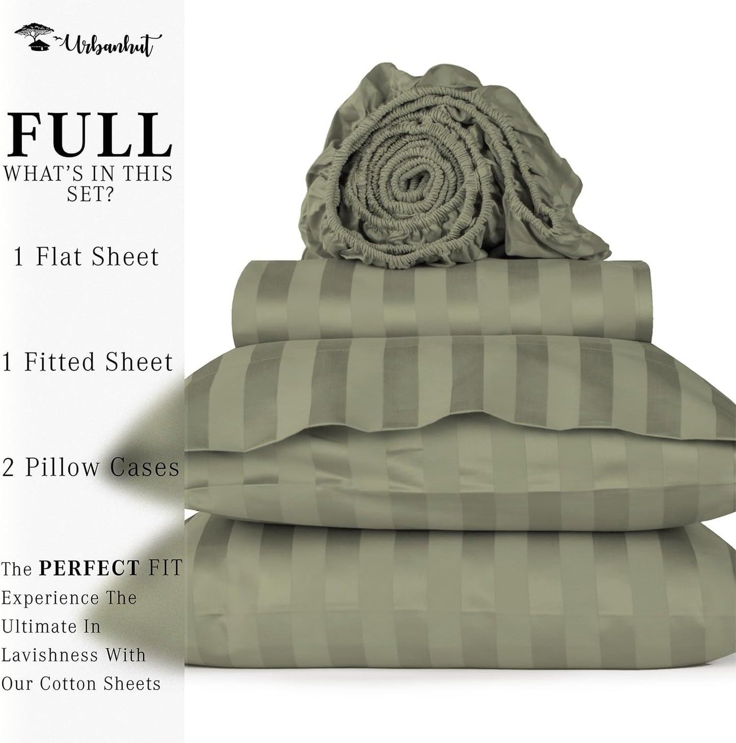 URBANHUT 1000 Thread Count Damask Striped Full Size Egyptian Cotton Sheets, Long Staple Soft & Breathable, 4 Pc Bed Sheet Sets, Luxury Hotel Sateen Finish Sheets Fits 16" Deep Pocket - Sage