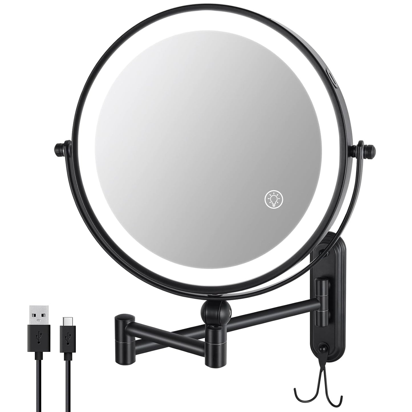 Wall Mounted Lighted Makeup Mirror, 8'' Double Sided 1X/10X Magnifying Rechargeable Vanity Mirror with Lights, 3 Color Lights Height Adjustable 360° Rotation Bathroom Mirror with Hook