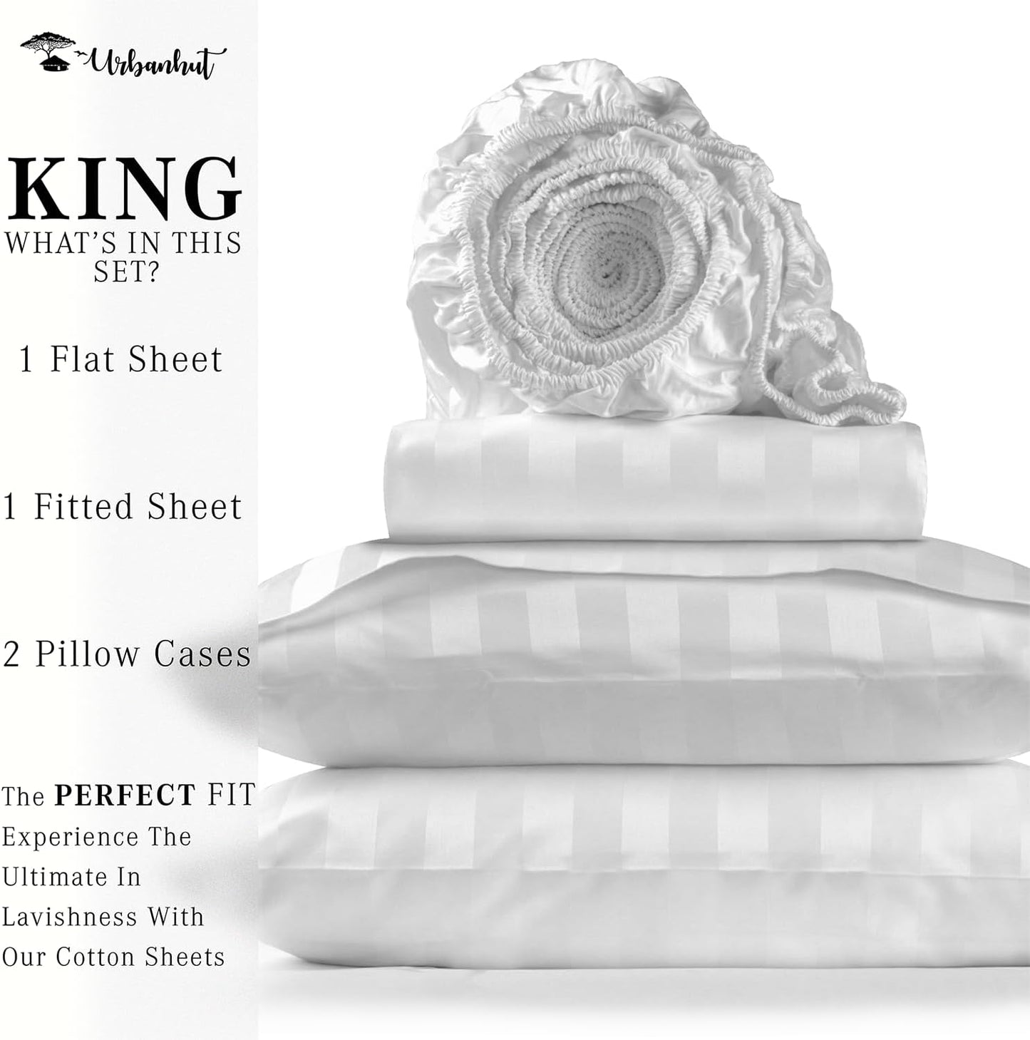 URBANHUT 1000 Thread Count Egyptian Cotton Sheets Damask Striped King Size, Long Staple Soft & Breathable, 4 Pc Bed Sheet Sets, Luxury Hotel Sateen Sheets Fits 16" Deep Pocket - White
