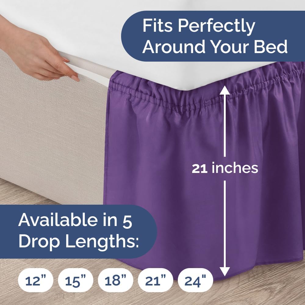 Wrap Around Dust Ruffle Bed Skirt - Purple - for Full Size Beds with 21 Inch Drop - Easy Fit Elastic Strap - Adjustable Pleated Bedskirt w/Brushed Fabric - Wrinkle Free - for Women, Men, Kids & Teens