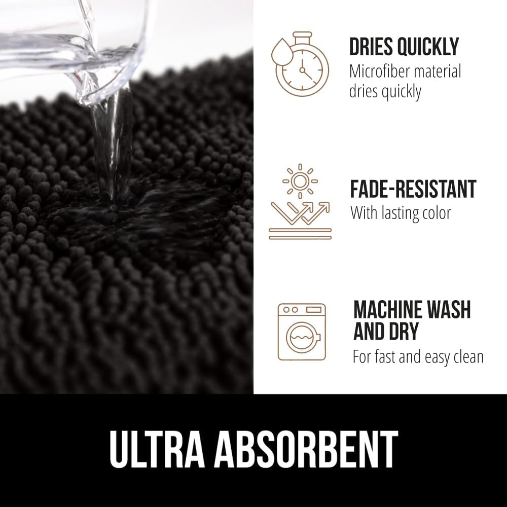 GORILLA GRIP Bathroom Rug Sets 3 Piece, Bath Mat Set and Oval Toilet Base with Rubber Backing, Plush Absorbent Shaggy Chenille Washable Mats, Includes 24x19.5, 24x17 and 30x20 Inch Rugs, Black