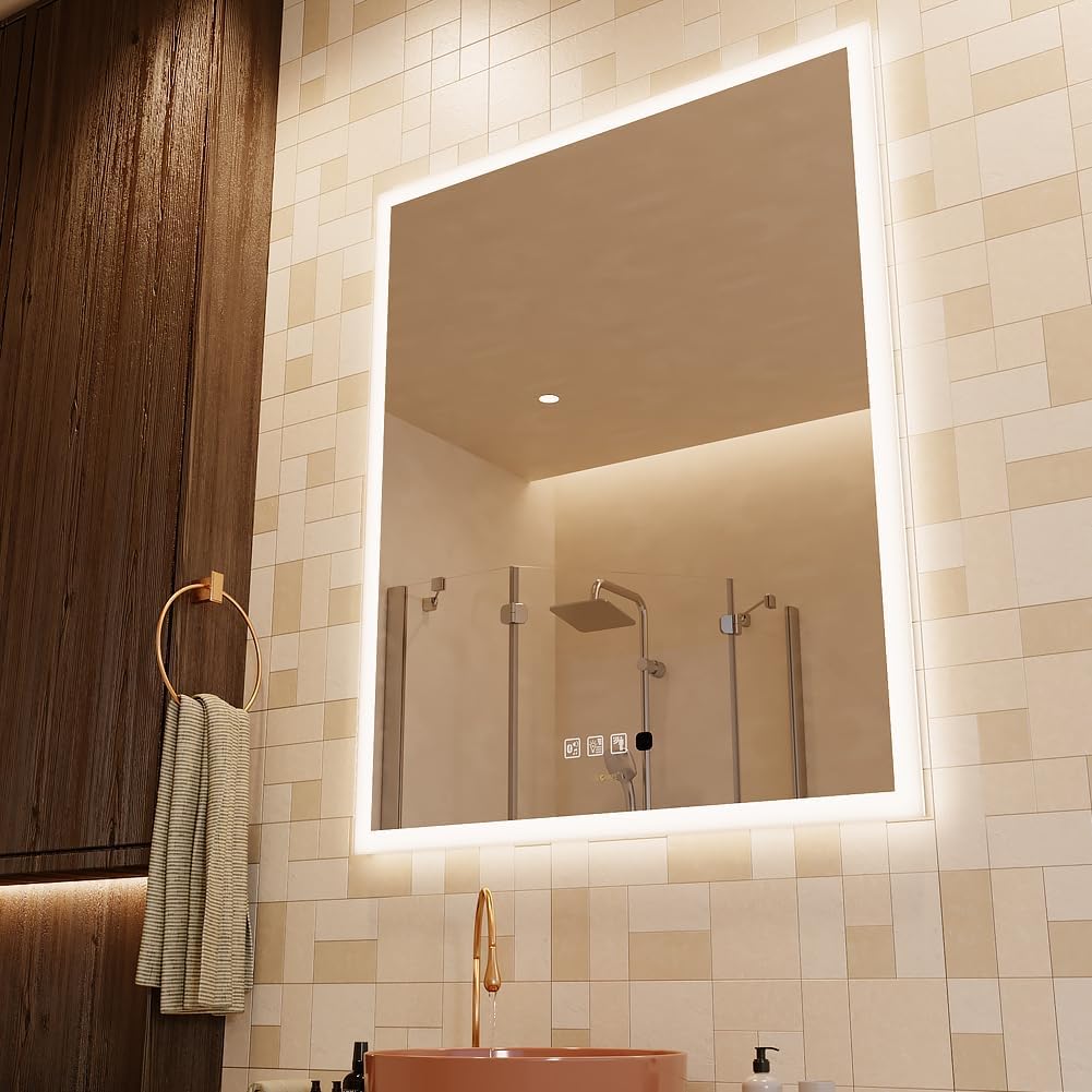 32 x 40 inch LED Bathroom Mirror with Bluetooth Speaker, Induction Switch Light Smart Vanity Mirror Wall Mounted, IP44 Waterproof Anti Fog Vertical & Horizontal