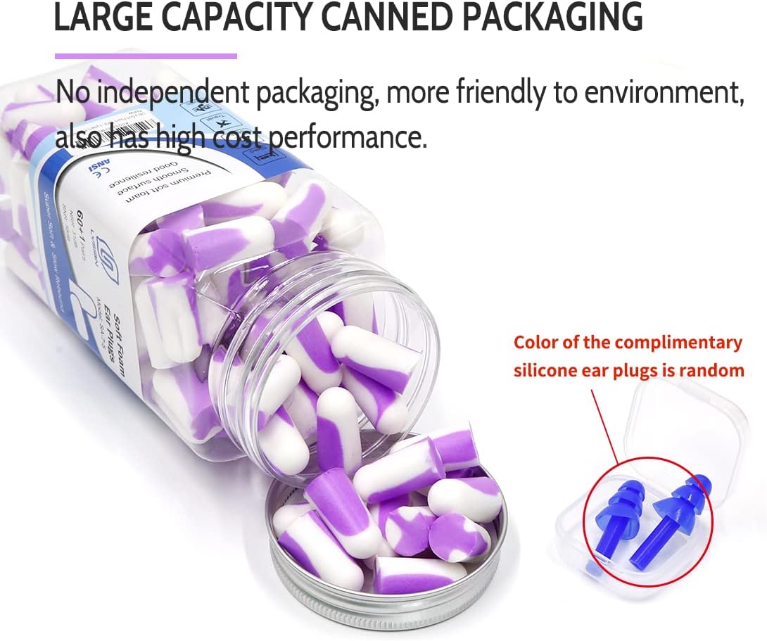 LYSIAN Ultra Soft Foam Ear Plugs Sleeping-Noise Cancelling Earplugs 38dB SNR - Sleep Ear Plugs Noise Reduction for Snoring, Mowing, Shooting Sound Block,Double Color Purple/White