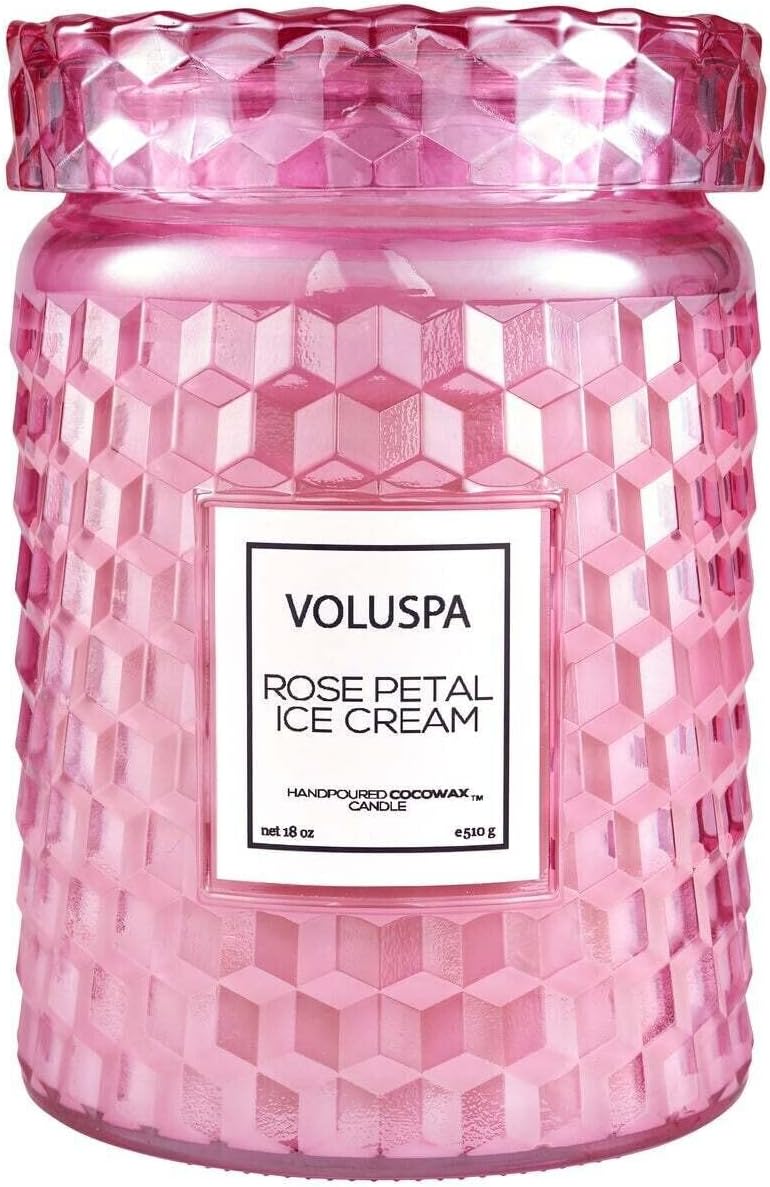 Voluspa Rose Petal Ice Cream, Large Candle Jar, 18 Ounce, 100 Hour Burn Time, Coconut Wax for Clean Burning, Handcrafted in The USA