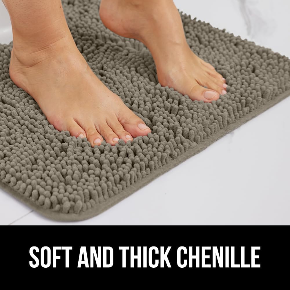 GORILLA GRIP Plush Absorbent Shaggy Chenille Bath Rug Mat for Square Toilet Base with Rubber Backing, Machine Washable Rugs, Soft Microfiber Contour Mats for Toilets, Bathroom Decor, Latte