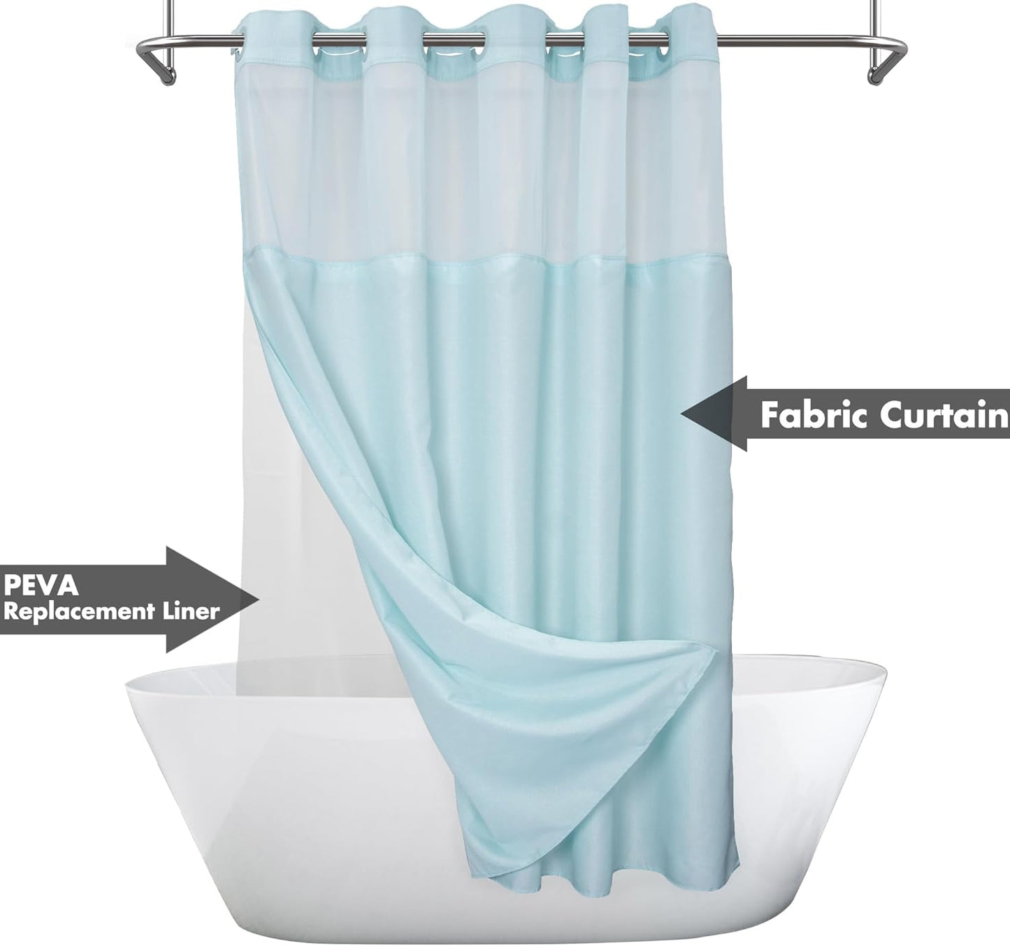 Long No Hook Slub Textured Shower Curtain with Snap-in PEVA Liner Set - 71" x 80"(78"), Hotel Style with See Through Top Window, Blue Fabric Curtain & Waterproof Liner, Blue, 71x80