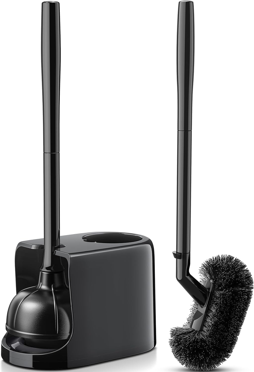 HAMITOR Toilet Plunger Bowl Brush Combo：Heavy Duty Rubber for Drain Clog Remover - Curved Design Bristles for Deep Cleaning Under Rim - Compact Bathroom Cleaning Tools for New Homet Essentials - Black