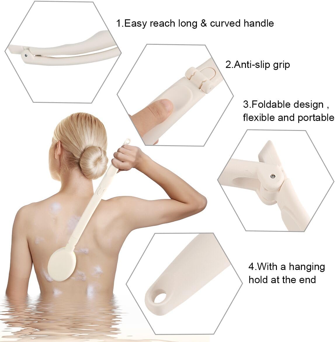 LFJ 19" Long Handle Shower Sponge Brush Set, 3 in 1 Body Brush, Bath Sponge and Lotion Applicator Improved Skin Health, Suitable for Men and Women (White Brush with pumice-1P)