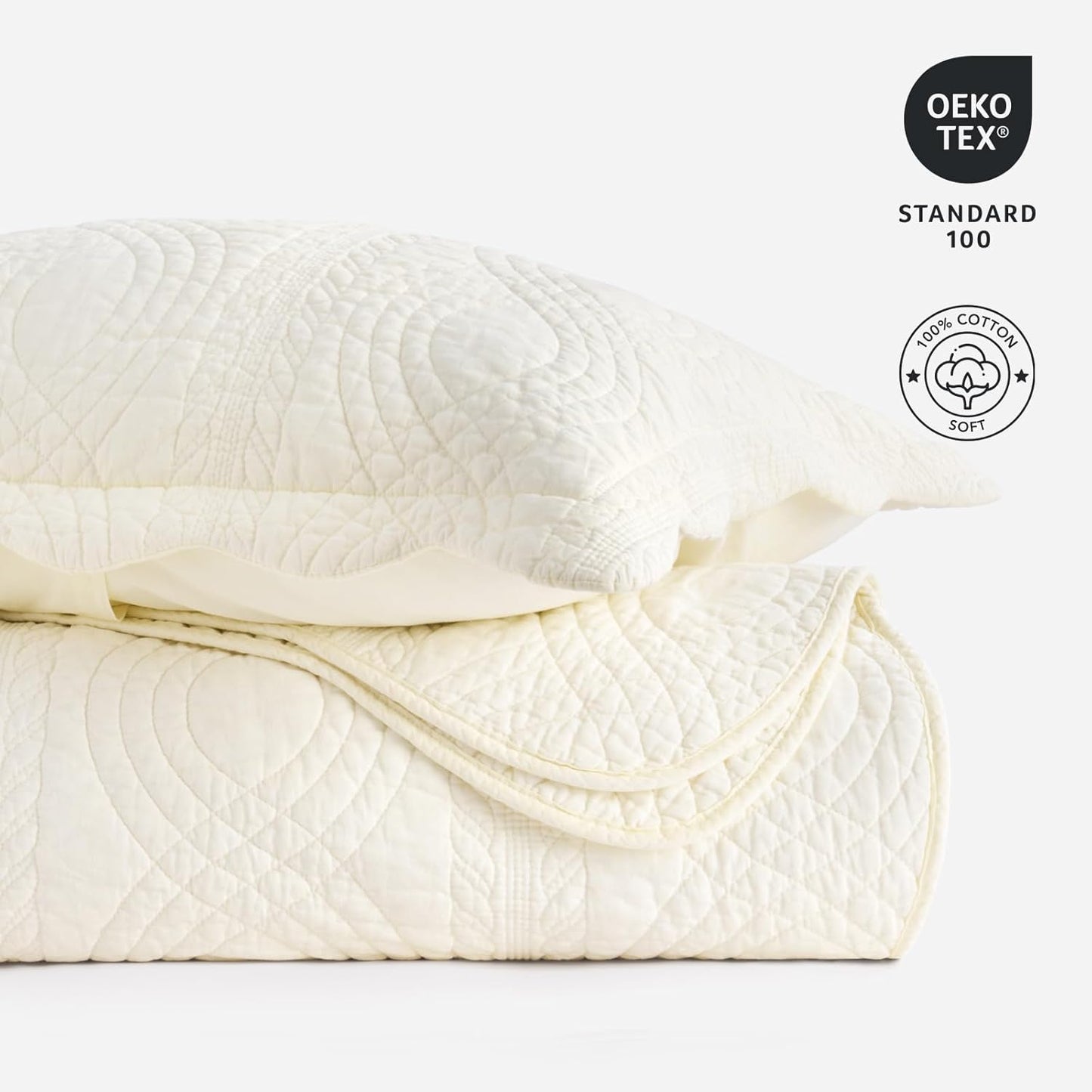 EVERGRACE 100% Cotton Scallop Quilt Set, King Size 3 Piece Set – Lightweight Bedspread with 2 Shams, Soft Prewashed Matelasse Coverlet for Cozy and Elegant Bedding, Ivory Cream