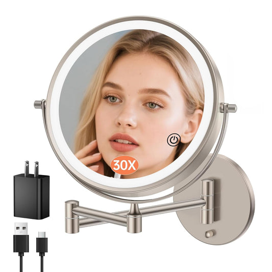 FUNTOUCH 9" 30X/1X Magnifying Wall Mounted Lighted Makeup Mirror, 4500mAh Rechargeable Double Sided Mirror with Light, 3 Color Lights,Touch Dimmable, 360 Rotation Extended Arm for Bathroom,Nickel