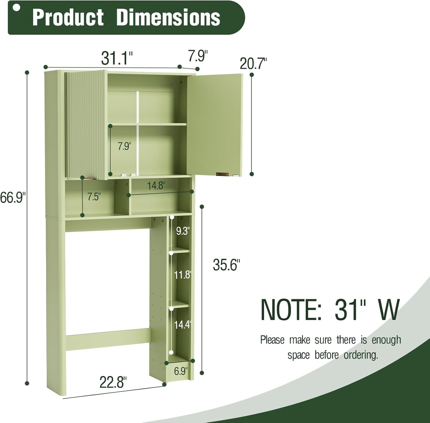 31" W Over The Toilet Storage Cabinet with Fluted Door, Green Bathroom Organizer with Adjustable Shelf, Natural Toilet Paper Holder Stand Wave Door for Restroom, Laundry Room