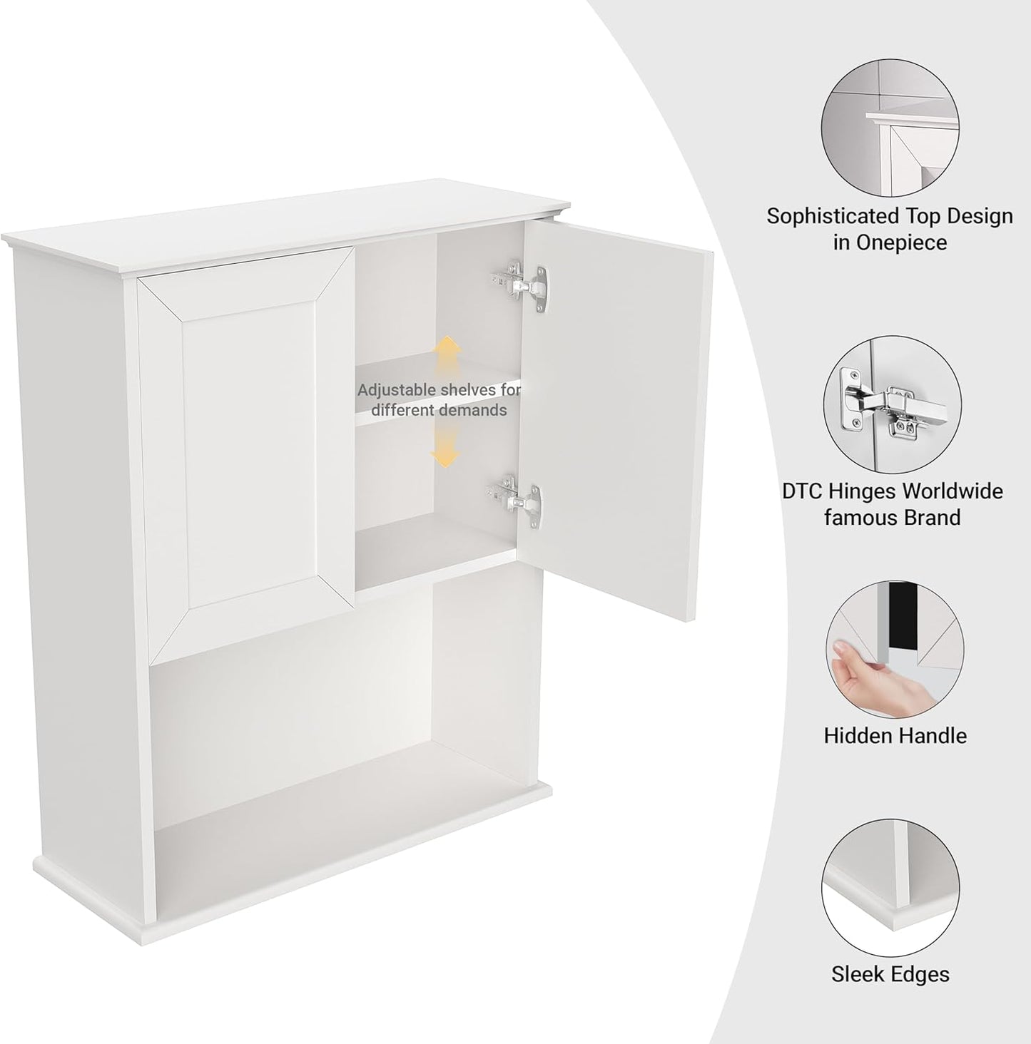 Bathroom Wall Cabinet Wooden with 2 Doors,Over the Toilet Storage Cabinet,Bathroom and Laundry Wall Mount Storage Medicine Cabinet with Open and Adjustable Shelf,Easy Assembly (Style A -1 PC, White)