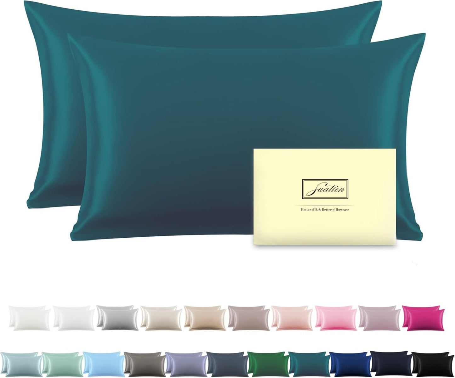Silk Pillow Cases 2 Pack Soft Breathable and Sliky King Size Pillow Cases Set of 2,Natural Mulberry Satin Silk Pillowcase with Hidden Zipper for Hair and Skin (Teal,20"X 36",2pcs)