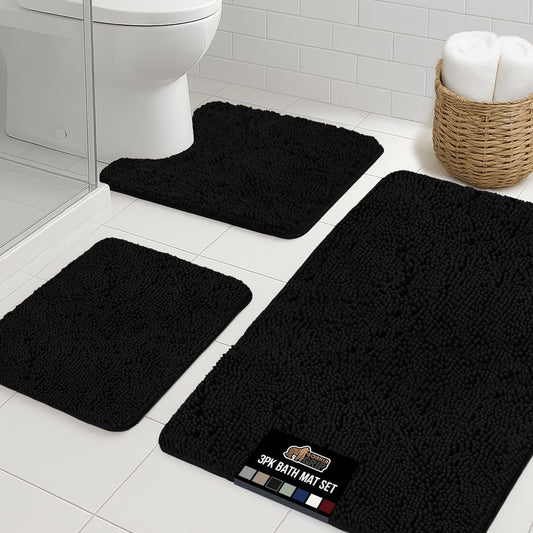GORILLA GRIP Bathroom Rug Sets 3 Piece, Bath Mat Set and Oval Toilet Base with Rubber Backing, Plush Absorbent Shaggy Chenille Washable Mats, Includes 24x19.5, 24x17 and 36x24 Inch Rugs, Black