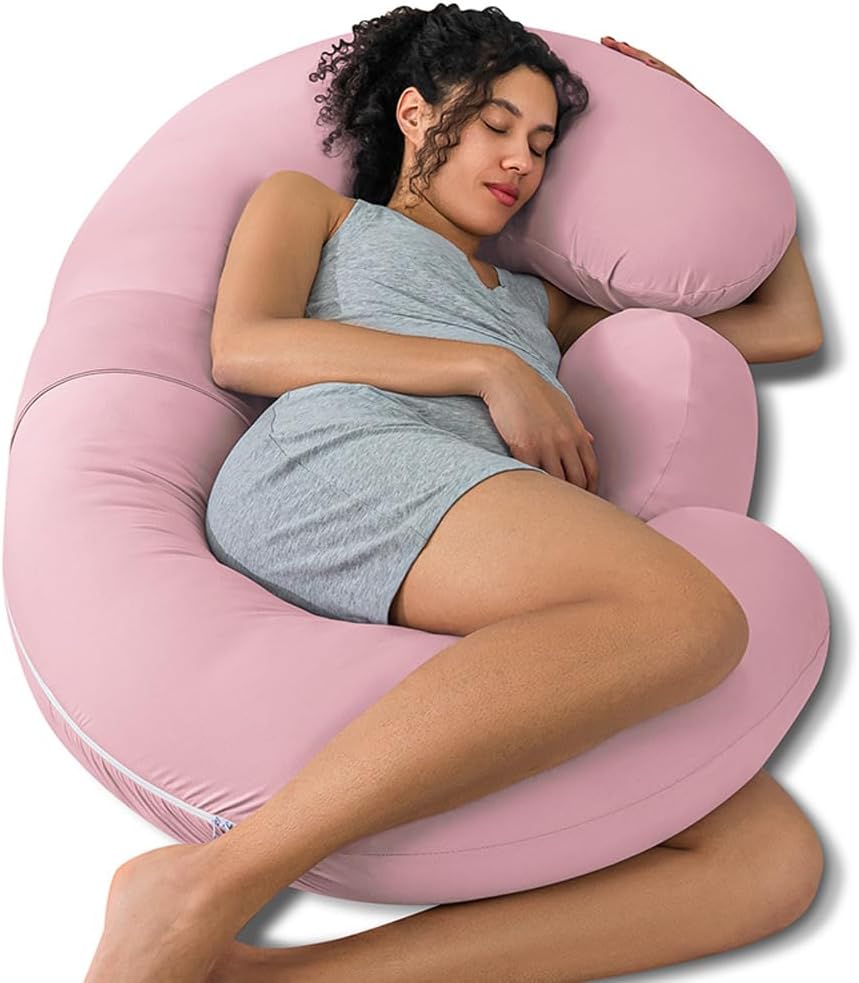 QUEEN ROSE Cooling Pregnancy Pillows, E Shaped Maternity Pillow for Sleeping, with Extra Wedge Pillow for Belly Support, 60 Inch Full Body Pillow, Pink
