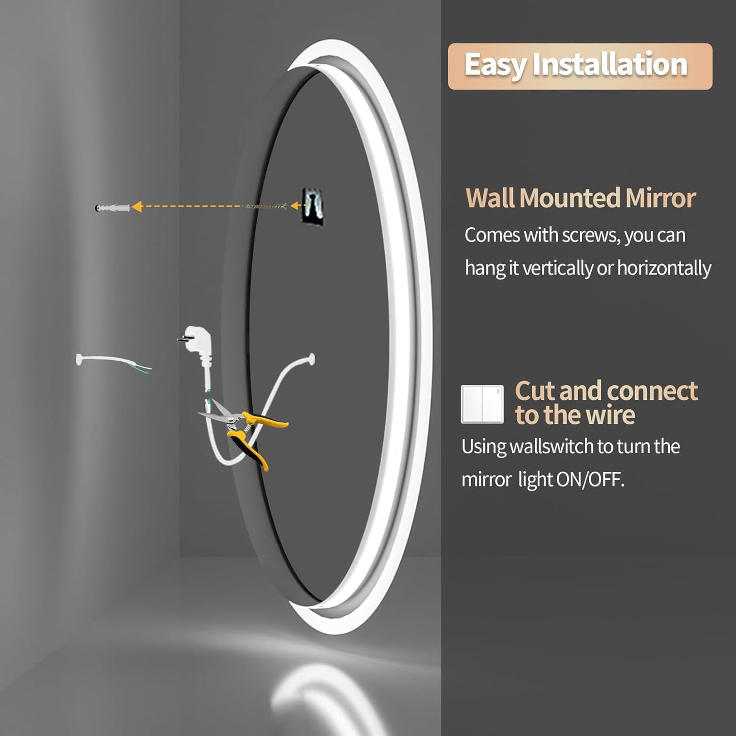 LUVODI Lighted LED Bathroom Mirror: 24”Round Wall Mounted Large Lighted Makeup Mirror with Bright Back Lit - Illuminated Dimmable 3 Colors Vanity Mirrors with Demister Pad Smart Touch Switch