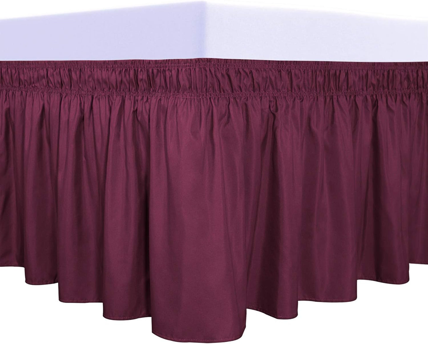 PureFit Wrap Around Ruffled Bed Skirt with Adjustable Elastic Belt - 22 Inch Drop Easy to Put On, Wrinkle Free Bedskirt Dust Ruffles, Bed Frame Cover for Twin,Twin XL and Full Size Beds, Wine