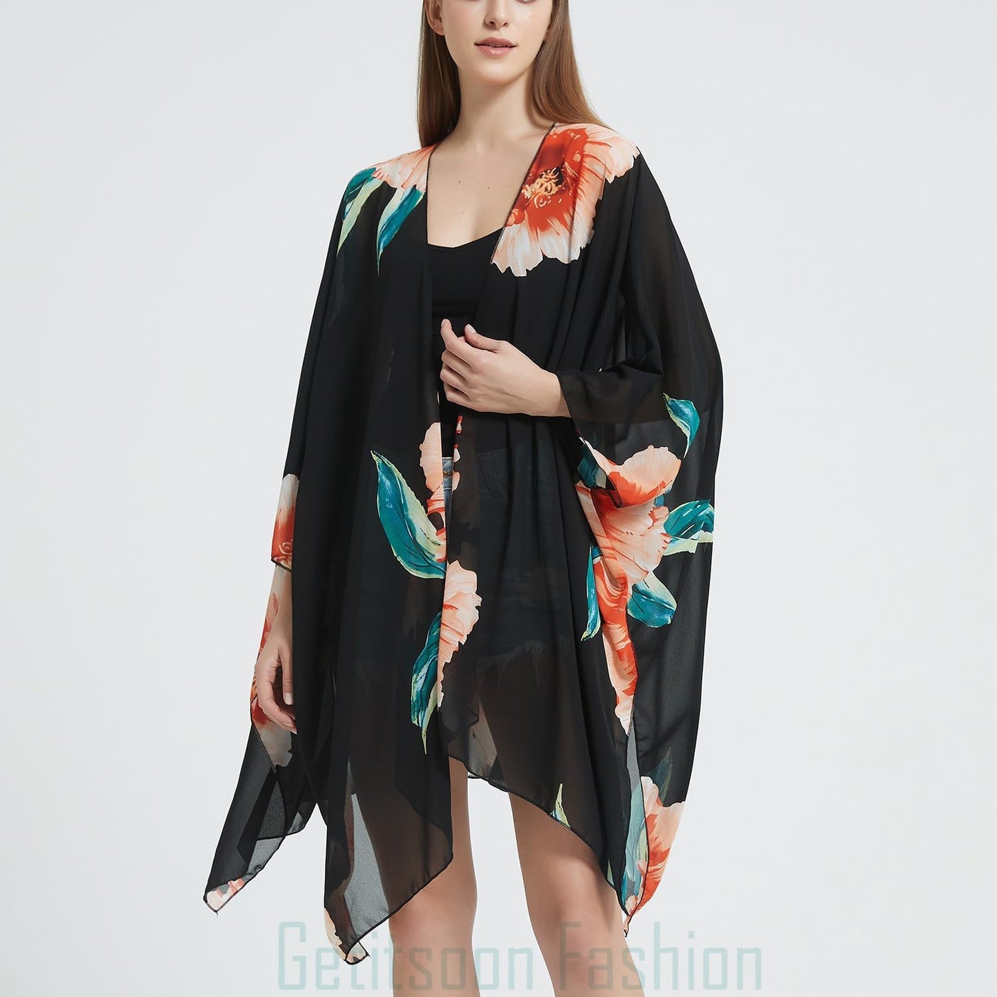 Women's Bohemian Floral Chiffon Beach Cover up Swimsuit Kimono Summer Swimwear Cardigans