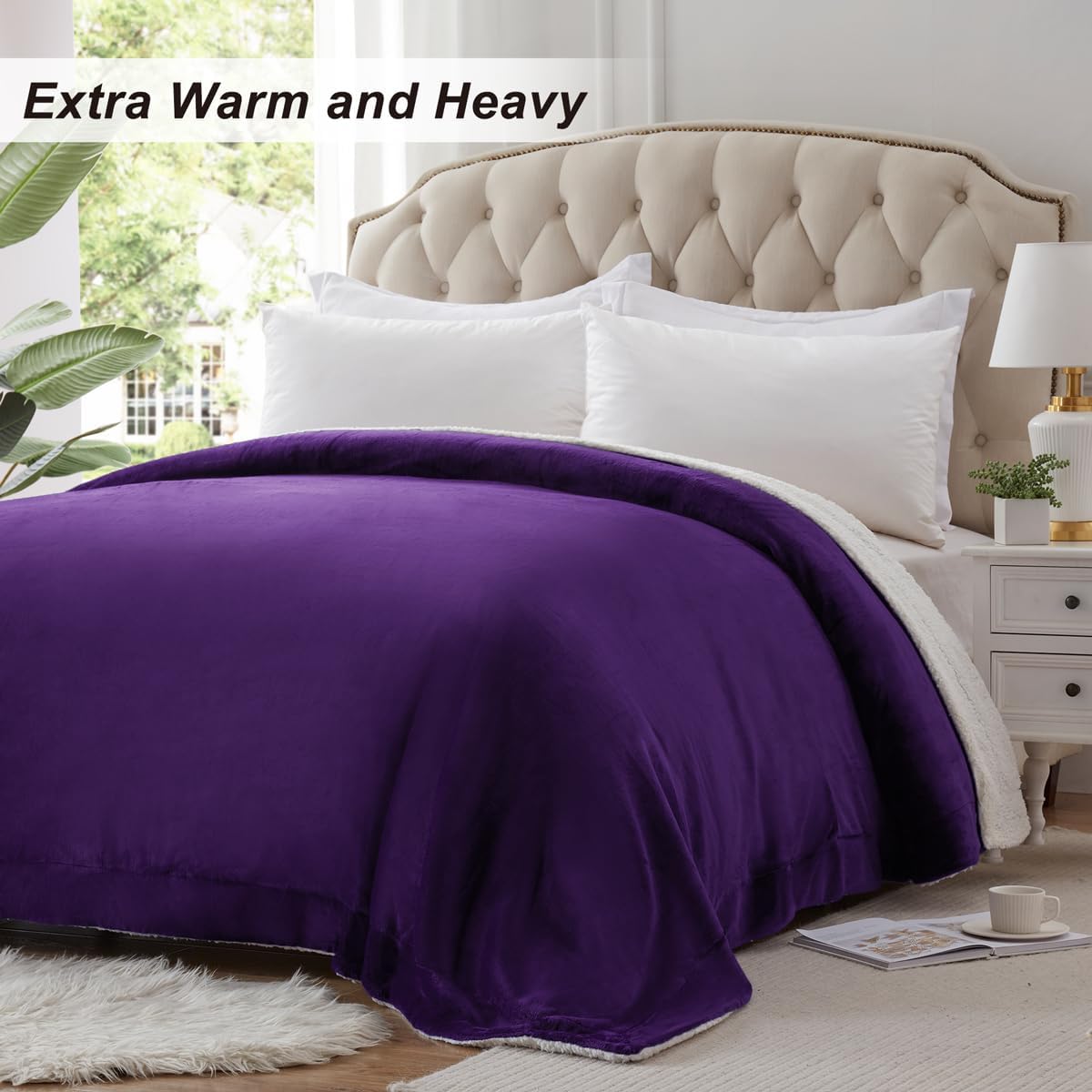 KAWAHOME Sherpa Fleece King Size Blanket for Bed - Extra Warm and Heavy Thick Blankets for Winter, Super Soft 500GSM Plush Blanket, 108" X 90" Purple