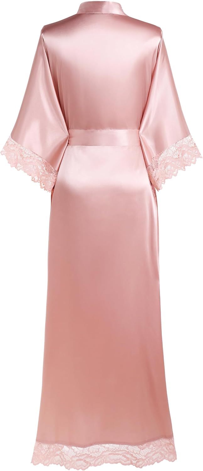 BABEYOND Satin Kimono Robe Silky Long Bridesmaid Wedding Lightweight Bath Robe with Lace Trim