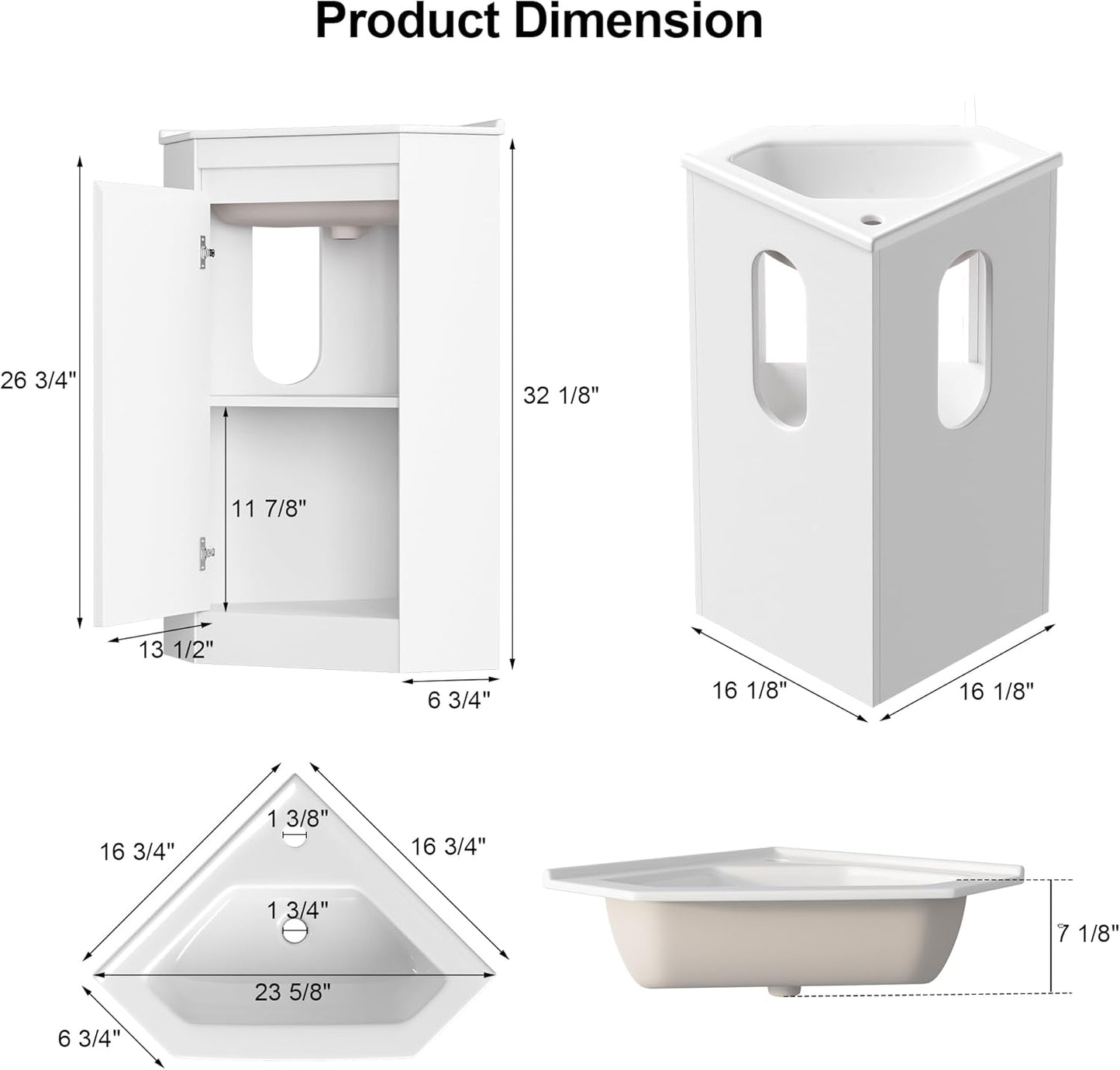 24"Corner Bathroom Vanity Sink Combo for Small Space,Freestanding Storage Cabinet with Sink,Soft-Close Function,Modern Wall Mount Sink Vanity (No Faucet)
