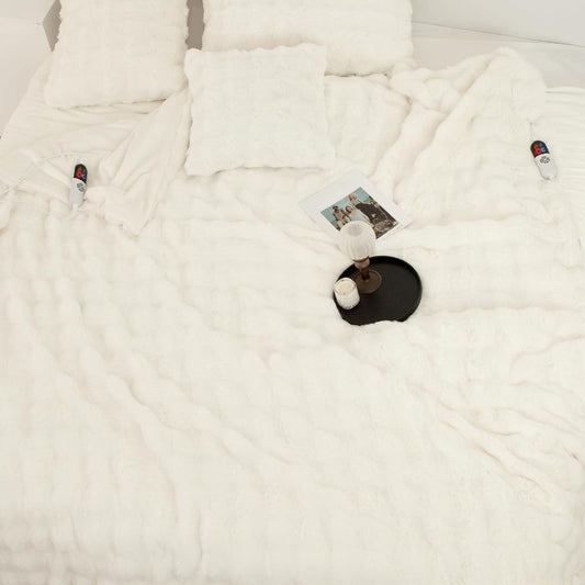 Faux Rabbit Fur Bubble Queen Size Heated Blanket White - Fluffy Thick Electric Blanket Queen with Dual Control, 6 Heating Levels & 10 Timer Settings, Overheat Protection, Home Decor,84" x 90"