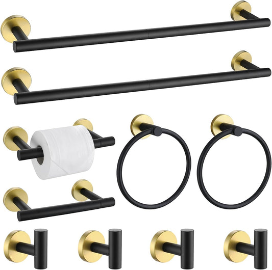Black and Gold Towel Bar Bathroom Hardware Accessories Set, 10 Pieces Upgraded Round Toilet Paper Holder Towel Rack for Bathroom Wall Mounted, 23.6 Inch Stainless Steel Towel Rods for Bathroom