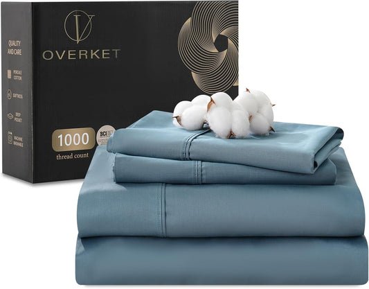 1000 Thread Count Egyptian Cotton Sheets Queen Size Set Sateen Weave Soft Breathable 16-Inch Deep Pocket 4PCS（Queen,Dusty Blue）