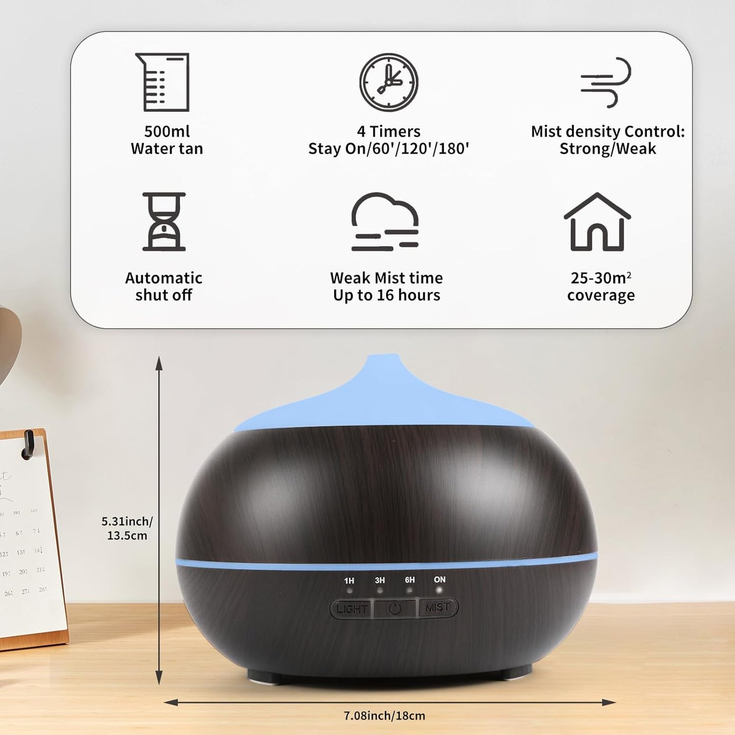 HAPPTWS 500ML Essential Oil Diffuser - BPA Free Ultrasonic Aromatherapy Diffuser, with 7-Color Lights Waterless Auto Shut Off for Home、Room、pet Room - Black