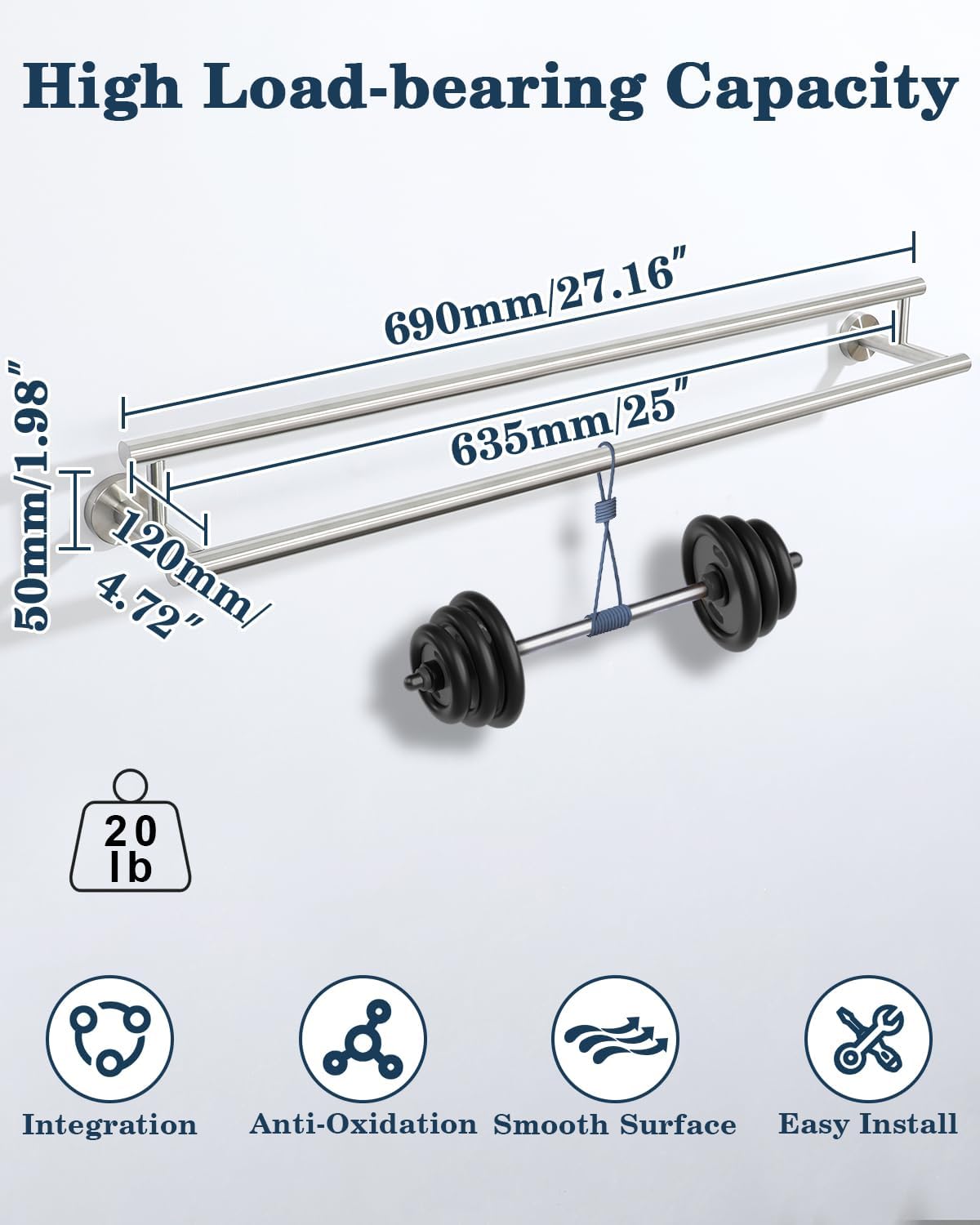 Alise Double Bath Towel Bars Towel Racks for Bathroom Lavatory,28 Inch Wall Mount Towel Holder SUS304 Stainless Steel Towel Hanger Towel Rail,GYT6902-700-LS Brushed Nickel