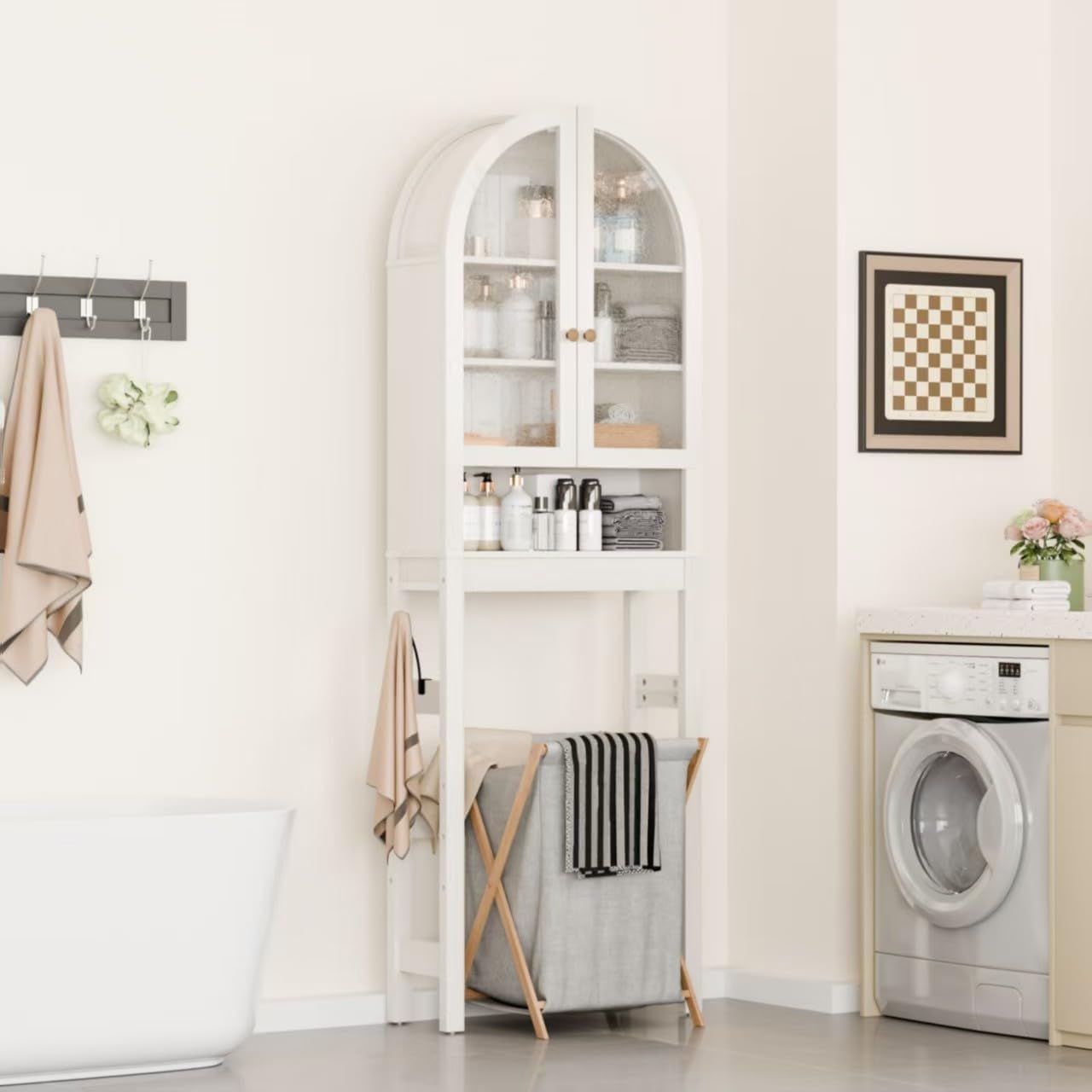 Over The Toilet Storage Cabinet, 23.7”W Modern Storage Cabinet Over Toilet with Acrylic Doors, Arched Freestanding Over Toilet Rack with Adjustable Shelf for Bathroom, Antique White