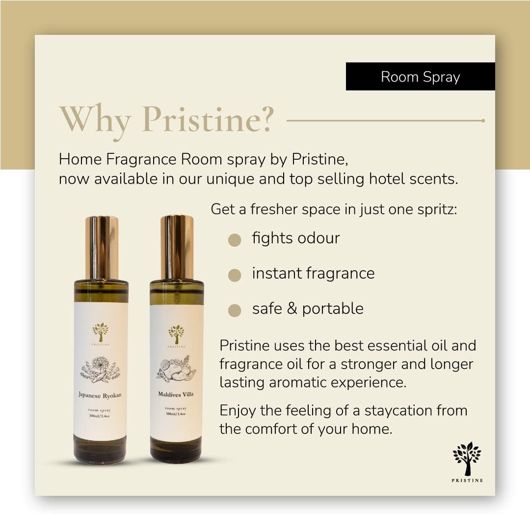 PRISTINE Japanese Ryokan/Inspired by Shang Hotel Linen & Room Spray Air Freshener, Made With Essential Oils, Fragrance room spray with Lavender, Lily, Sandalwood Scent, 3.4oz Pillow Spray