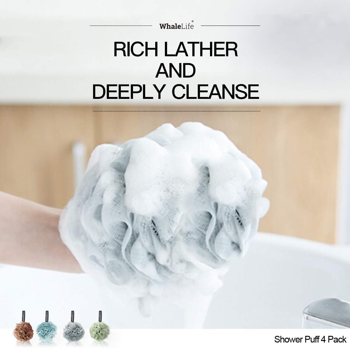 Loofah Sponge Bath Sponge for Women Men 4 Pack (Borwn Blue Gray Green)