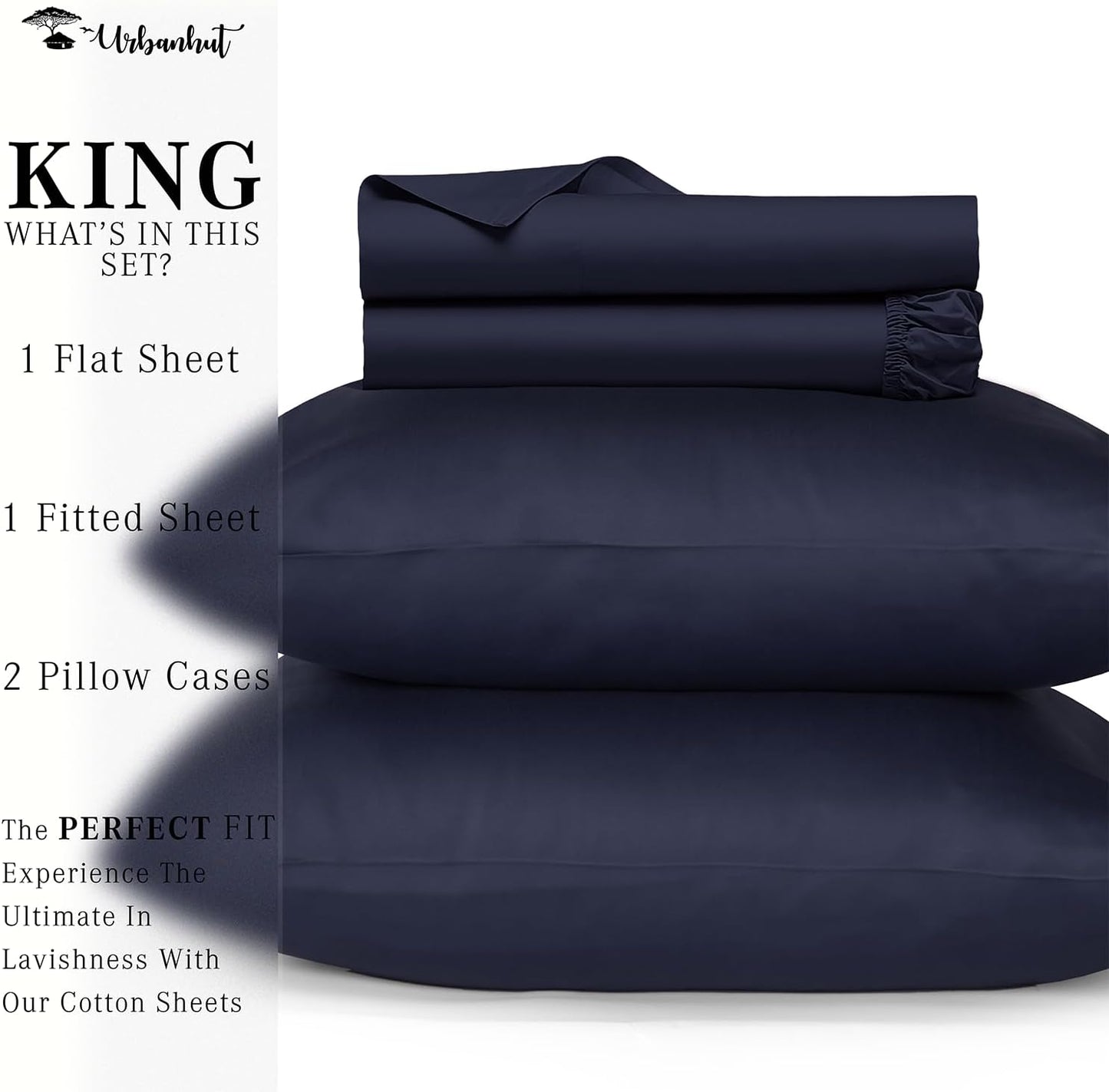 URBANHUT 700 Thread Count King Size Egyptian Cotton Sheets, 4Pc Sheet Set Soft Luxury Bed Sheets for King Size Bed, Sateen Weave Hotel Sheets, 16'' Elasticized Deep Pocket - Navy Blue
