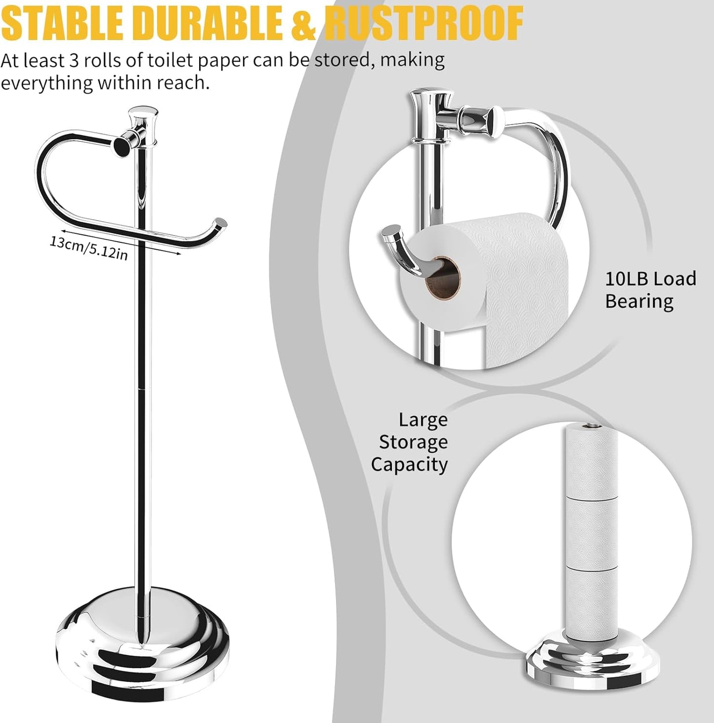 BESy Toilet Paper Holder Free Standing Bathroom Toilet Tissue Holder Stand for Floor Toilet Paper Roll Holder with Storage Hardware Accessories Rack Hand Towel Bar Polished Chrome Stainless Steel