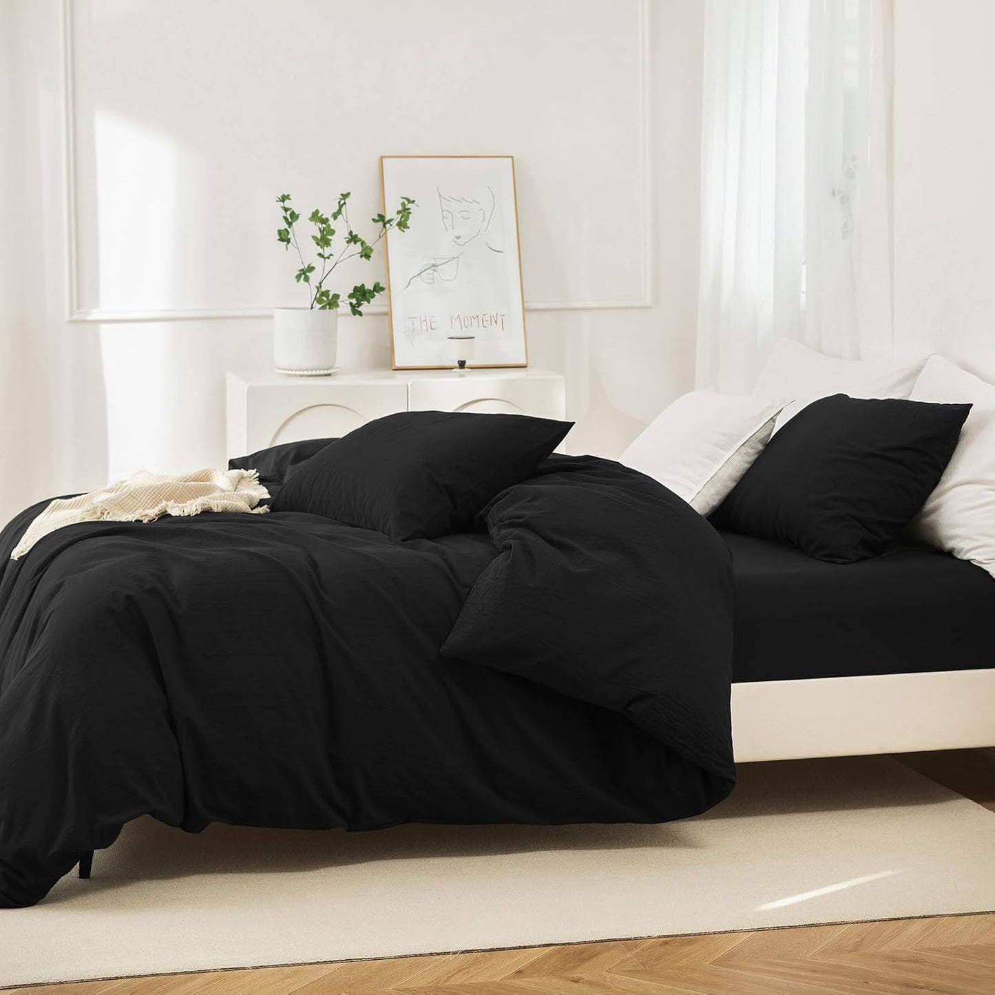 JIYUAN 100% Washed Cotton Duvet Cover Set 3 Pieces Queen, 1 Duvet Cover 90x90 Inches(Comforter Not Included) and 2 Pillowcases,Linen Feel Bedding Set Comfy and Breathable,Black