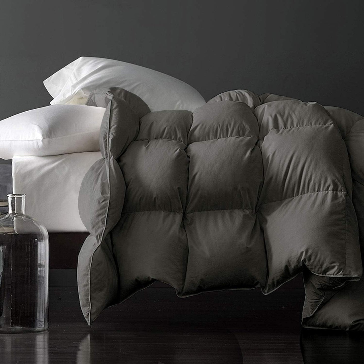 Royoliving Premium Feathers Down Duvet Insert Comforter King Size Charcoal Grey Heavyweight Thickened Winter 100% Cotton Cover with Corner Tabs (106x90, 70 oz)