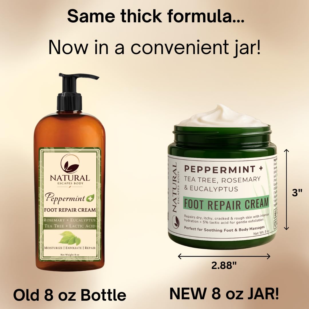 Natural Escapes Peppermint, Rosemary, Eucalyptus & Tea Tree Oil Foot Cream for Dry Feet, Cracked Heels, Calluses, Athlete's Foot - Heel Repair Cream for Women & Men (8 oz)