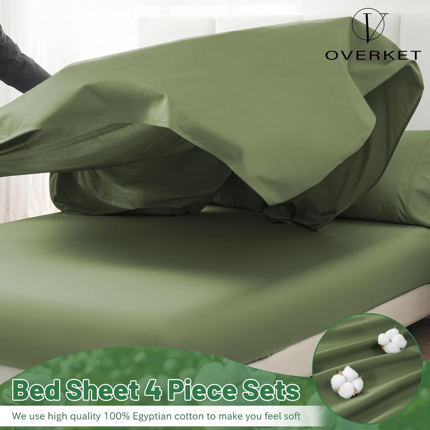 1000 Thread Count Egyptian Cotton Sheets Queen Size Set Sateen Weave Soft Breathable 16-Inch Deep Pocket 4PCS（Queen,Olive Green）