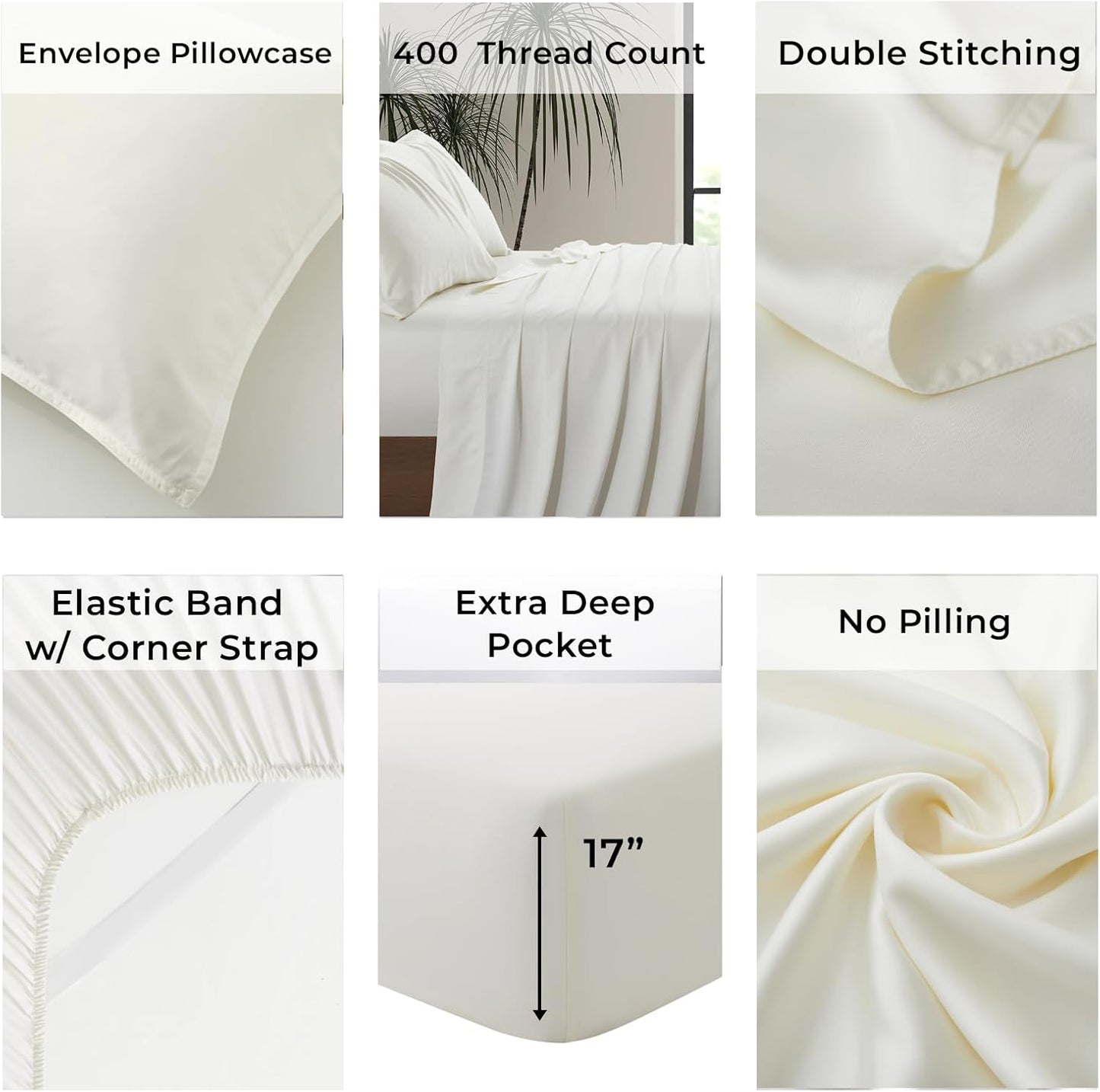 Luxury Bamboo Market | King Size Bed Sheet Set | 100% Viscose Made from Bamboo | Organically Grown | Ultra Soft | Cooling Sheets for Hot Sleepers | 17" Deep Pocket [Opulent Ivory]