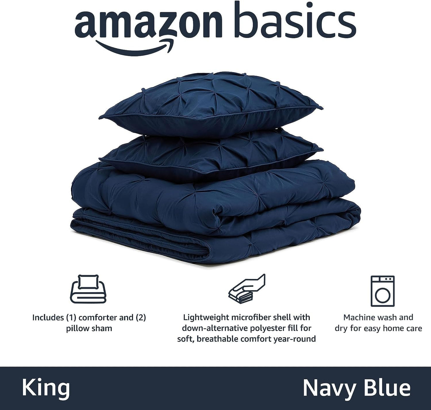 Amazon Basics Soft, Lightweight King Size Comforter Sets, All-Season Down-Alternative 3-Piece Bedding Set, Pinch Pleat Design, Navy Blue
